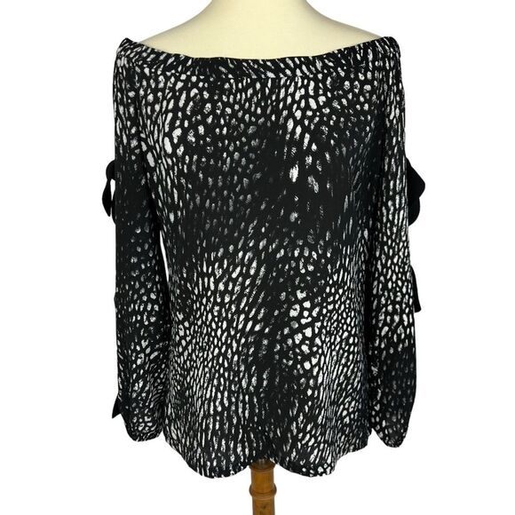 Alberto Makali Black White Animal Print Slit Long Sleeve Bow Accent Top Medium - Picture 1 of 11